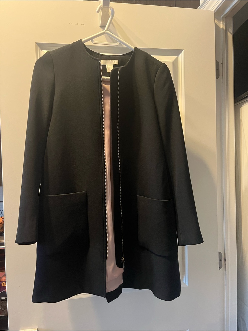 H&M Black Collarless Zip Blazer with Pink Lining